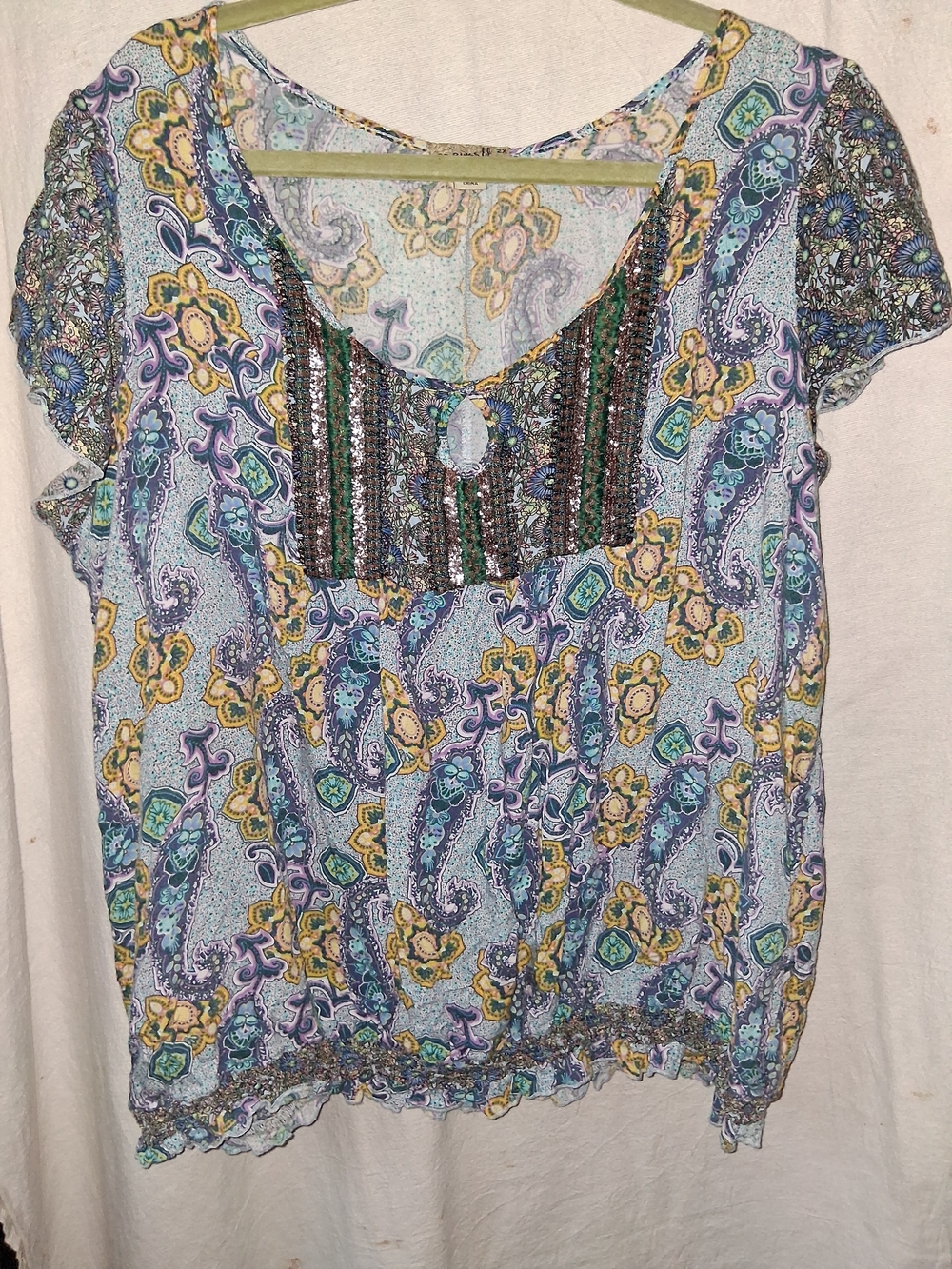 ONE WORLD Paisley Beaded Short Sleeve Peasant Top in Blue and Yellow
